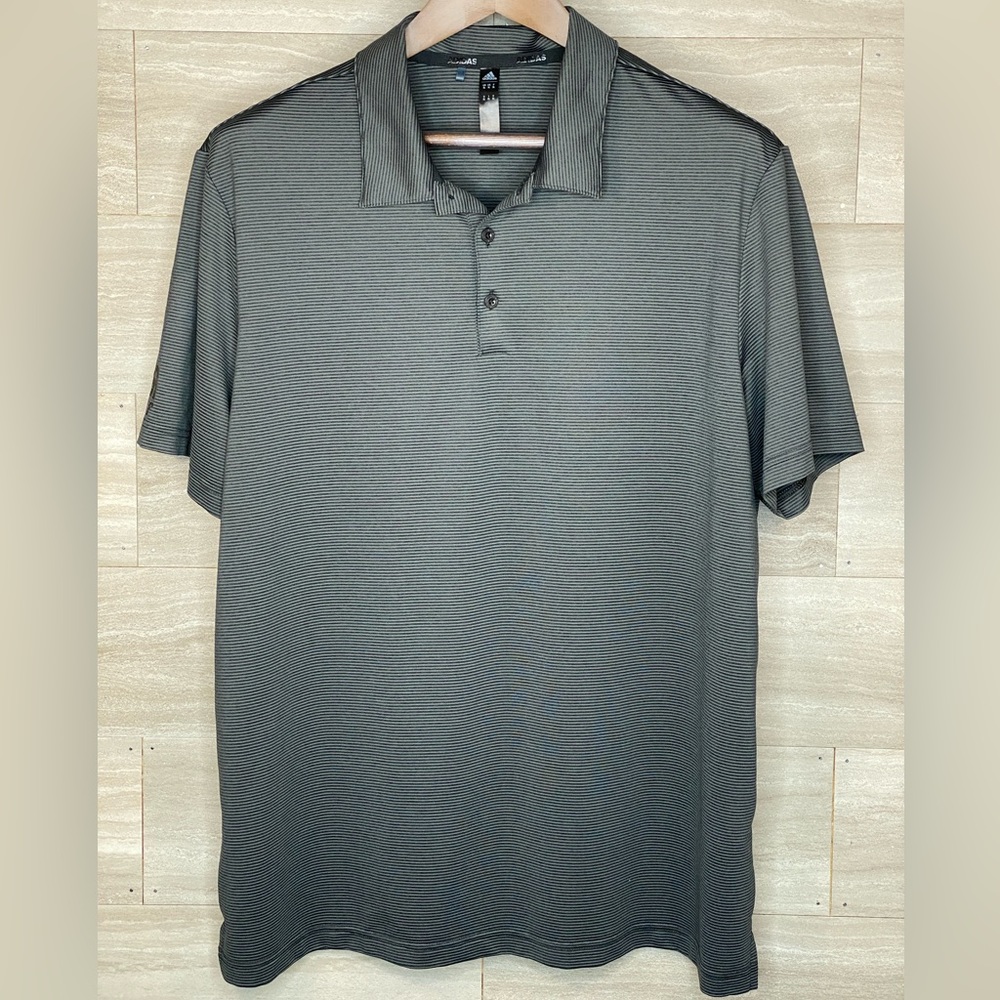 Adidas Golf Polo Mens XL Striped Black Gray Short Sleeve Breathable HR Golf EUC